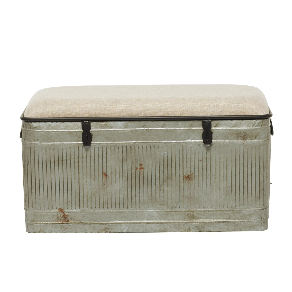 Deco 79 Metal Room Storage Bench Galvanized Entryway Bench with Cream Burlap Top and Black Latches, Bench 38" x 16" x 19", Gray