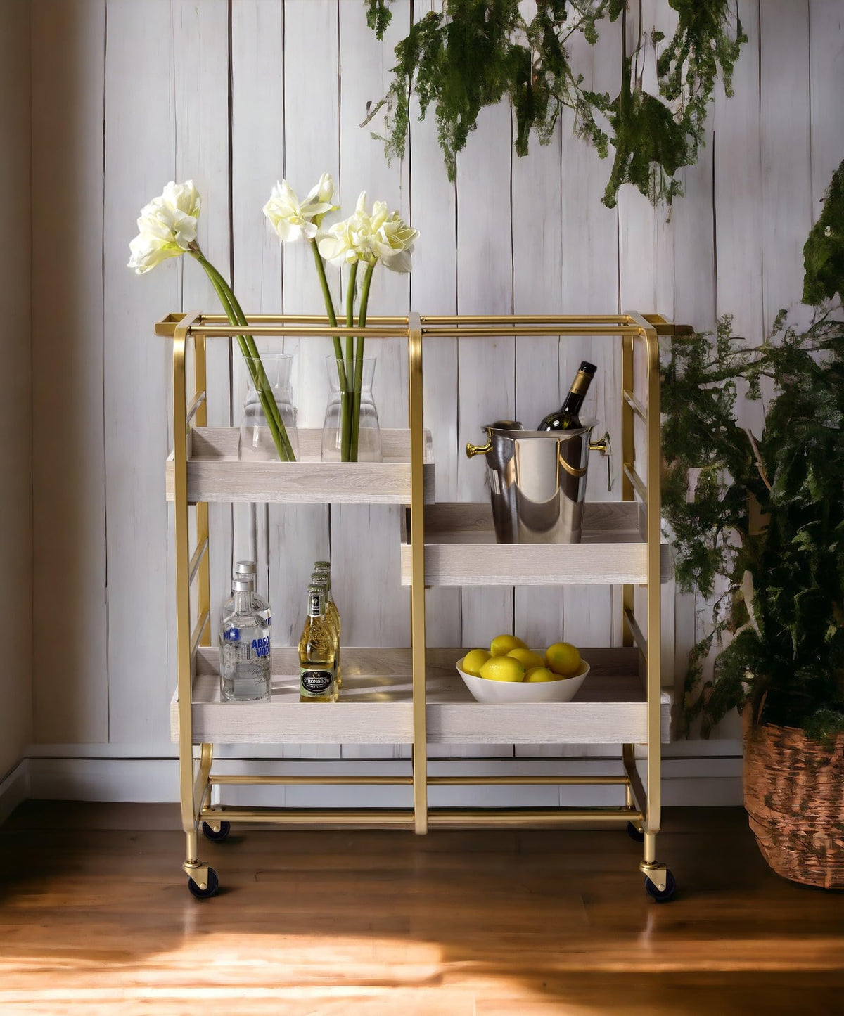 Gold & White Washed Finish Serving Cart