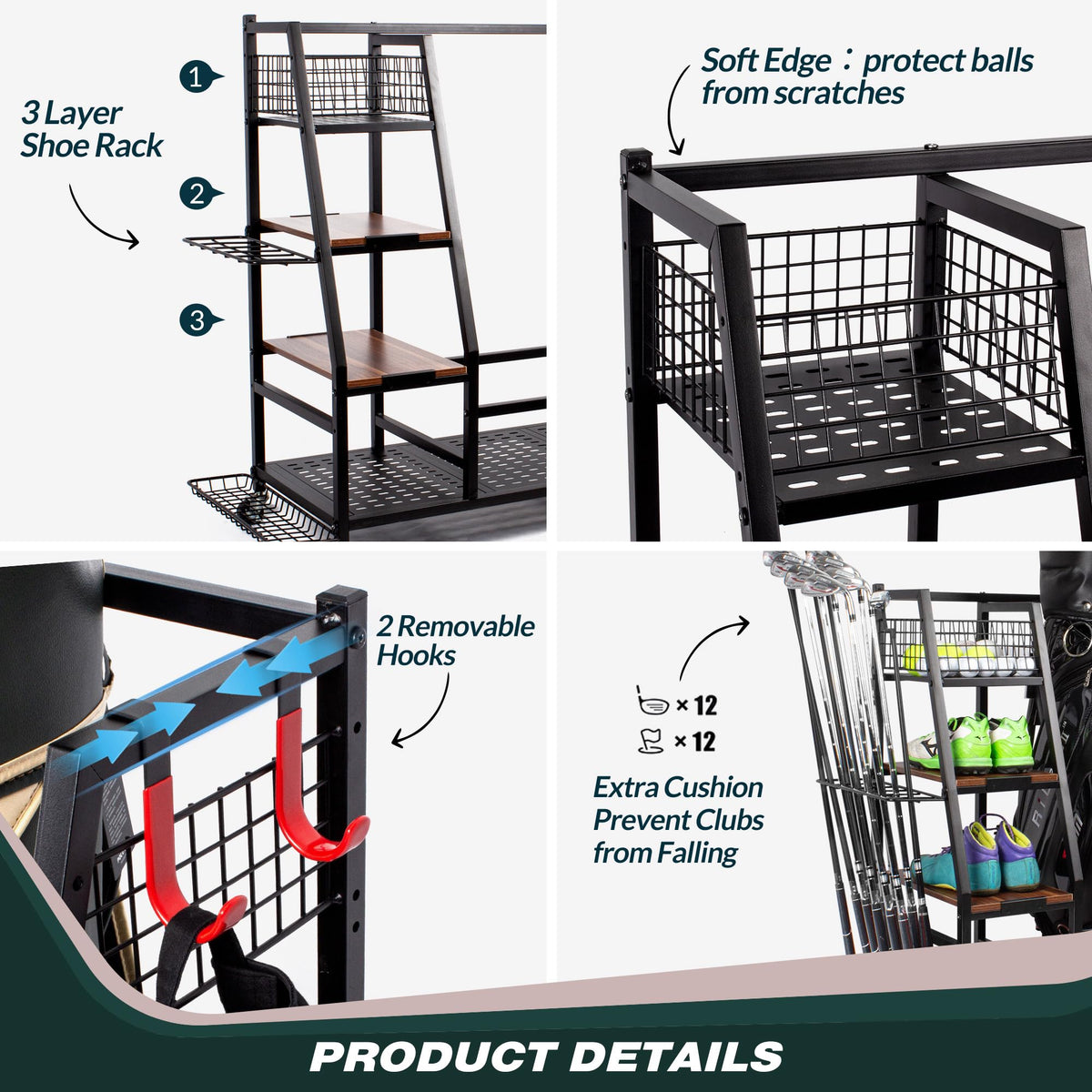 Sttoraboks 3 Golf Bags Storage Garage Organizer, Golf Bag Rack Fits 3 Golf Bags and Golf Equipment Accessories, Golf Club Storage Stand with Wooden Shelf and Lockable Wheels for Garage Indoor Basement