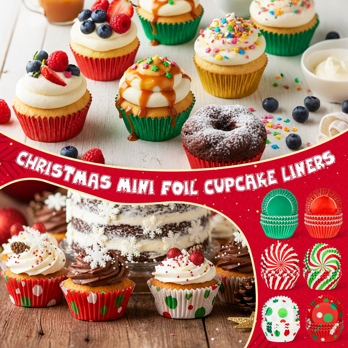 YooNotee 1000pcs Christmas Cupcake Liners Foil Baking Cups Muffin Cupcakes Wrappers Disposable Chocolate Cake Wrap Making Supplies for Holiday Xmas Party Supplies Decorations