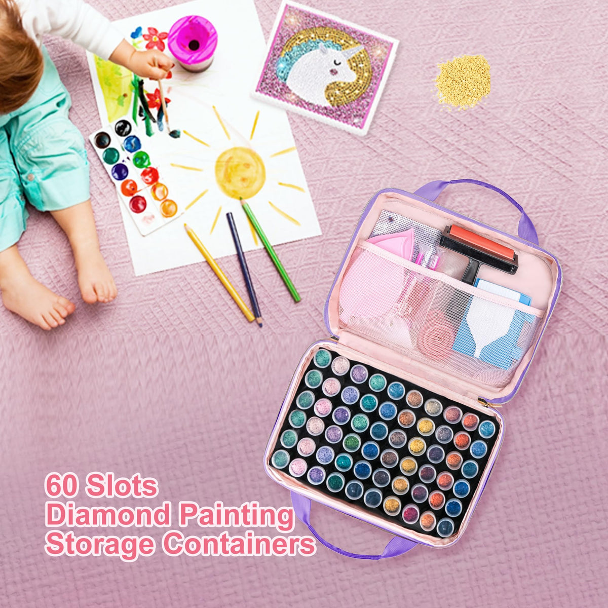 Leudes Diamond Painting Storage Containers, 60 Slots Bead Storage Box for Diamond Art Kits Accessories Organizer Case (Only Bottles and Bag) (Purple-2(60 Jars))