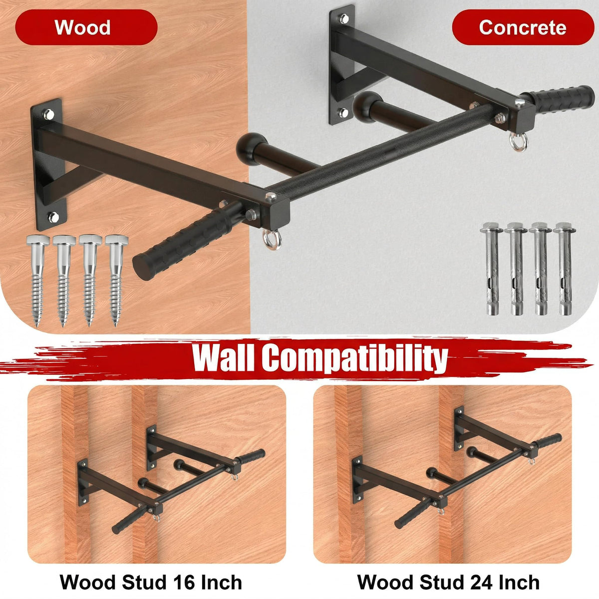 HWOOUSA Wall Mount Pull Up Bar, Heavy Duty Steel PullUp Bar Fits Wood Studs, Multi Grip Pull Up Bar with Ball Finger & Round Rings, for Home Gym Garage Basement Strength Training Chin Up Bar