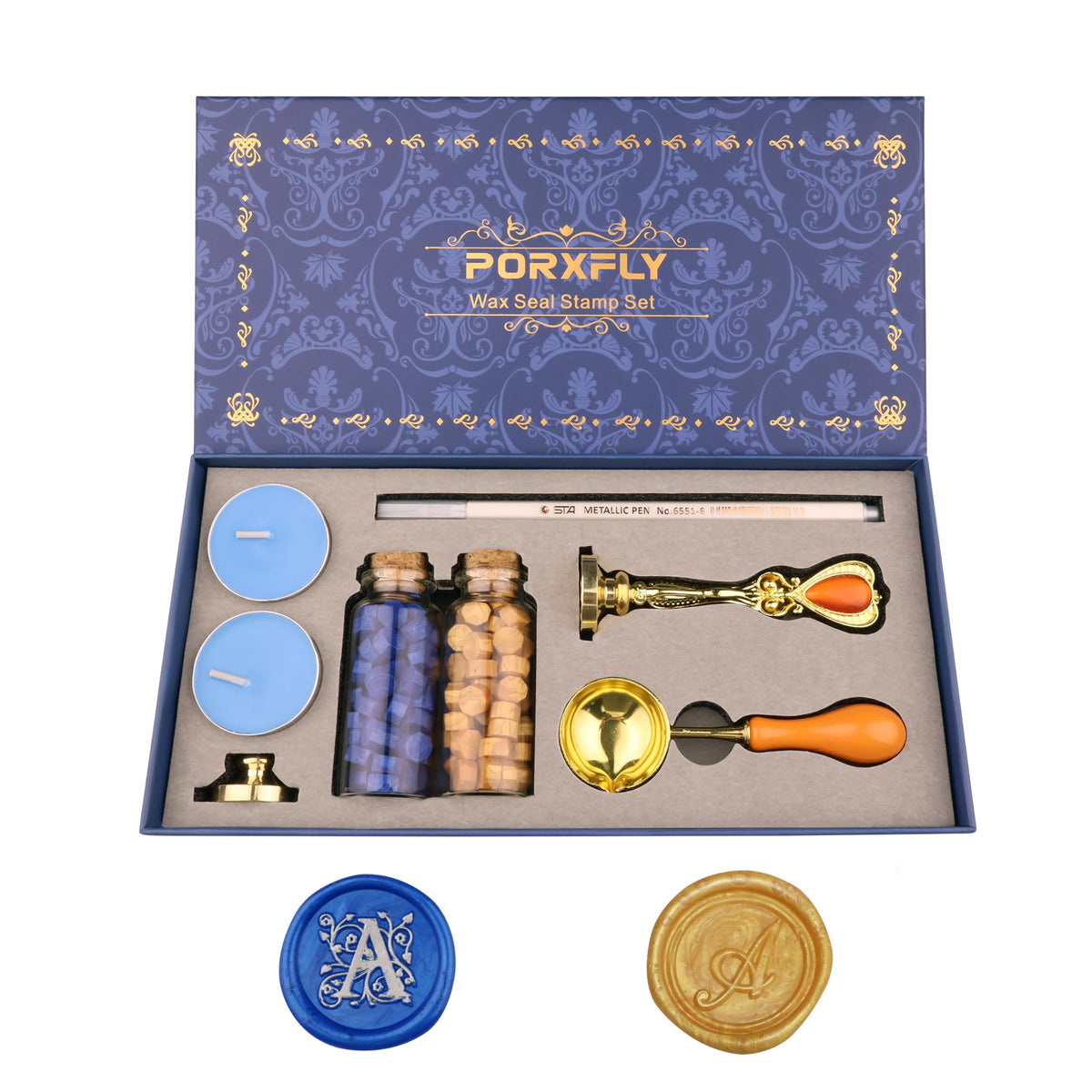 PORXFLY 2 Pieces Letter A Wax Seal Stamp Set,Initial Alphabet Wax Seal Stamp Kit Vintage Gift Box, A to Z Letter Series Stamp for Wedding Invitations, Envelopes, Gift Wrapping (A)