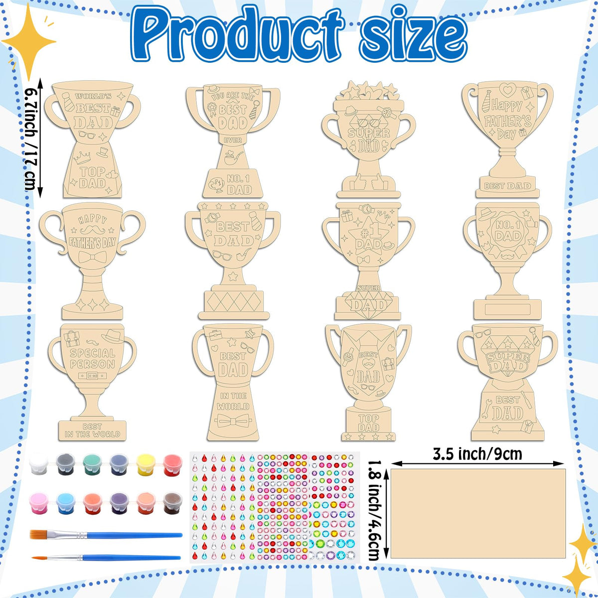Eaasty 12 Set Father's Day Wooden Trophy Craft Kit 12 Unique Trophy Designs with Acrylic Rhinestone Stickers Paint and Brushes DIY Gifts for Fathers Grandpas Family Classroom Activity Crafts Supplies