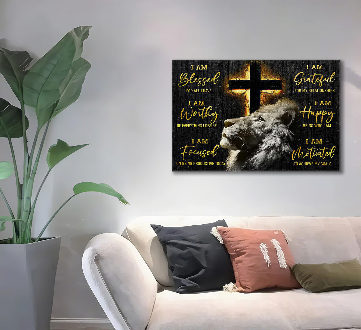 Motivational Lion Cross Canvas Wall Art Cross Christian Lion Wall Decor Pictures Painting Inspirational Affirmations Posters Prints Artwork for Living Office Home Decoration 12x16in