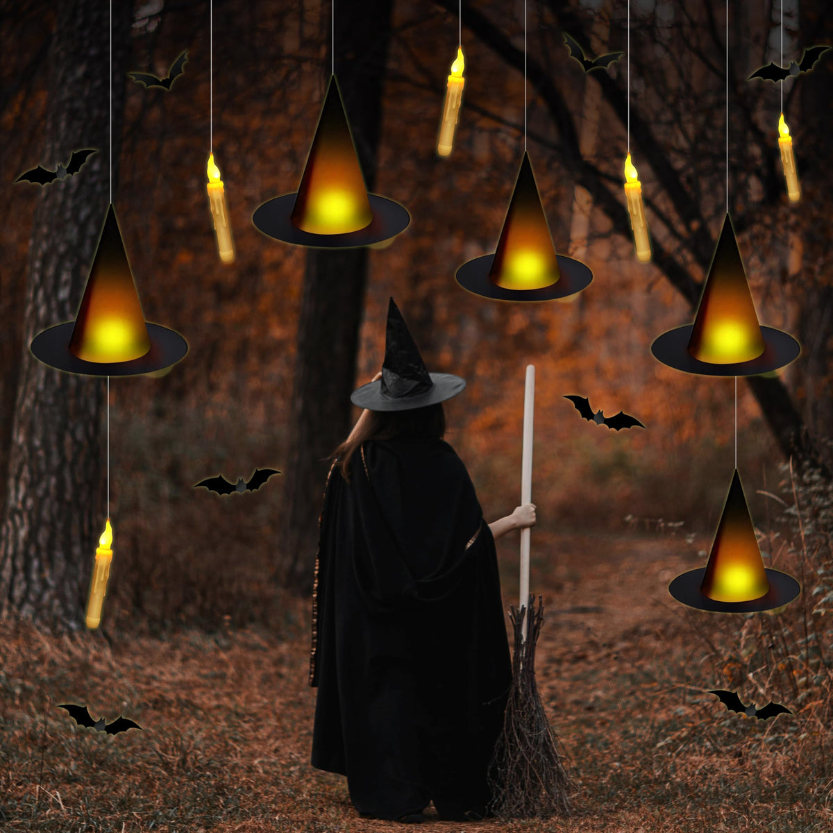 Fayoo Floating Candles with Wand, 12PCs Magic Hanging Candles, Floating Light Up Witch Hats with Flameless Candle with Wand Remote, Witch Hat 3D Bats Wall Stickers Decorations for Halloween Party