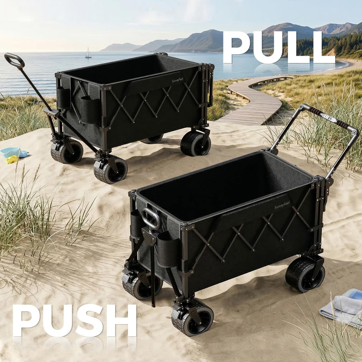 SUNNYFEEL 550LBS Collapsible Wagon Cart - Heavy Duty Push Pull Foldable Wagon with Dual Handles and Big Wheel,Utility Cart with Rear Tailgate for Camping, Fishing, Gardening, Shopping, Black