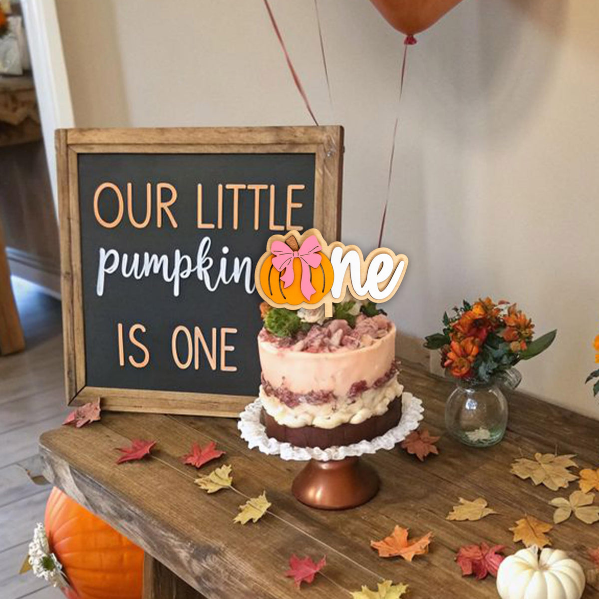Upfirst Wooden Pumpkin One Cake Topper - Halloween Theme Party Decorations,Sweet Bow Pumpkin Sign First Birthday Cake Topper,Fall Harvest Thanksgiving Party Supplies (pumpkin topper)