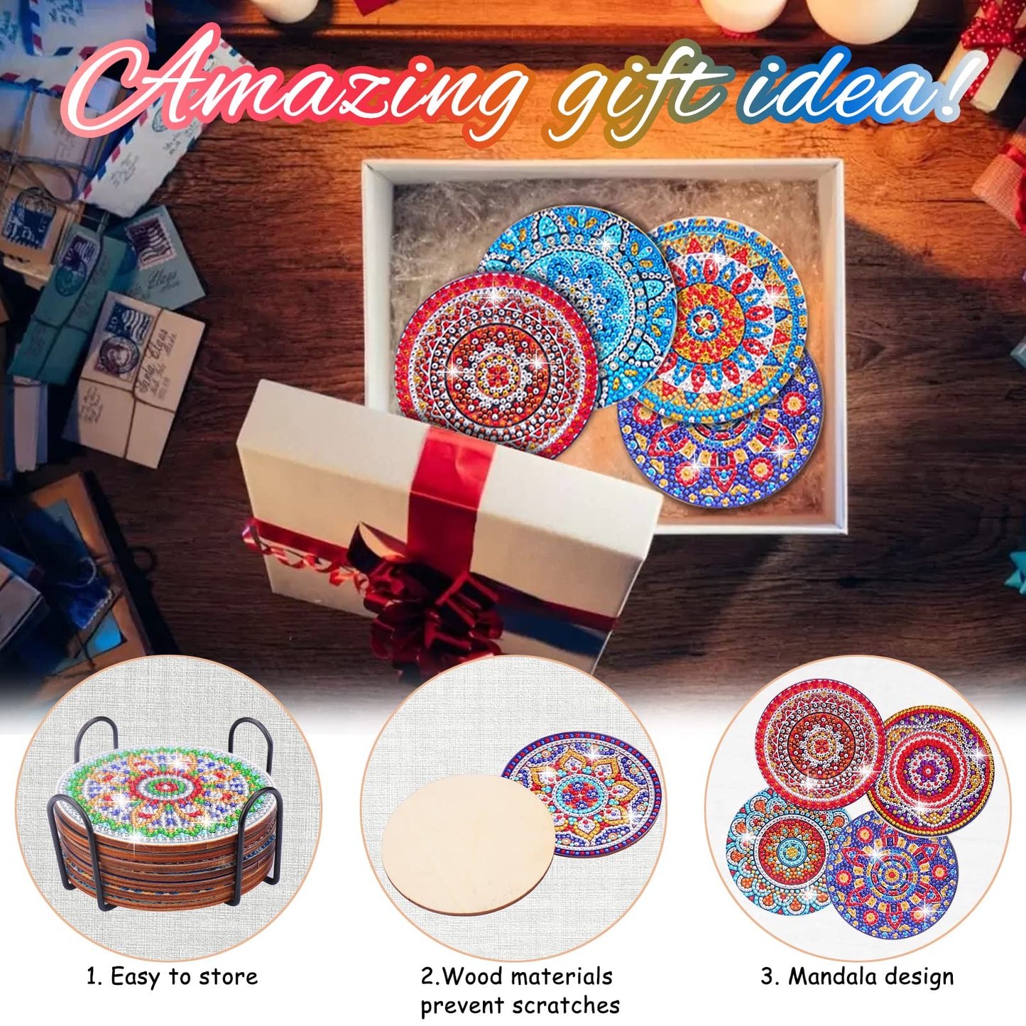 BSRESIN 8 Pcs Coasters with Holder, Mandala DIY Diamond Art Crafts for Adults, Small Diamond Painting Kits Accessories