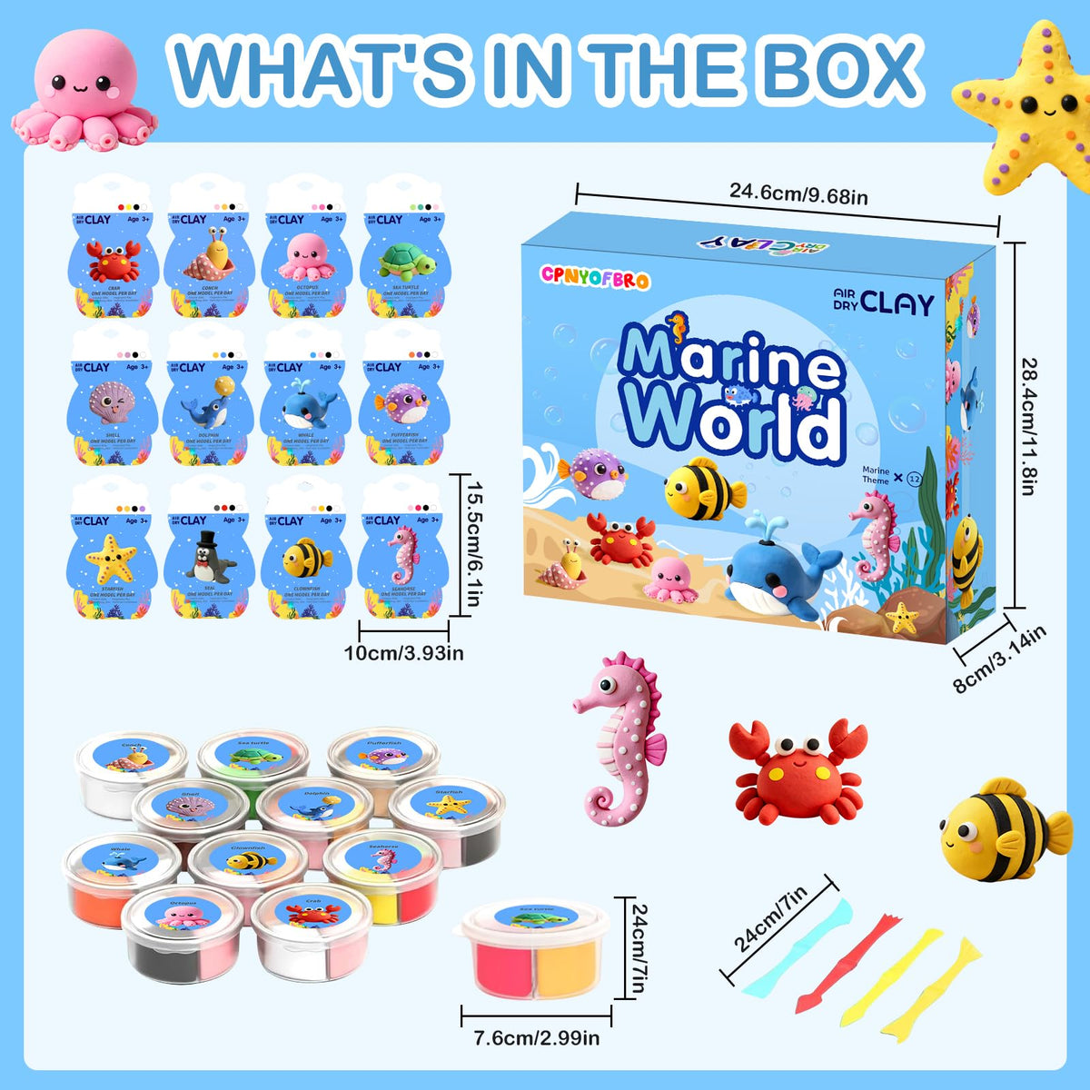 Air Dry Clay Kit - 12 Marine Animal Modeling Clay for Kids, Complete DIY Clay Craft Set with Sculpting Tools & Step-by-Step Tutorials, Ultra Soft & Non-Sticky Clay, Children's Day Gift Ideas