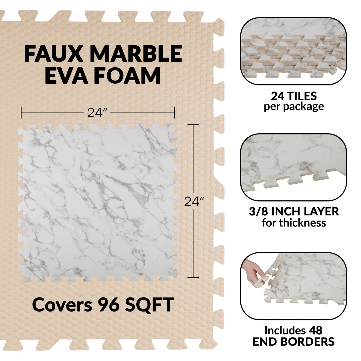EVA Foam Floor Tiles 24-Pack - 96SQFT Puzzle Mat - Interlocking Foam Tiles for Baby Play Mat or Gym Flooring for Exercise by Stalwart (Faux Marble)
