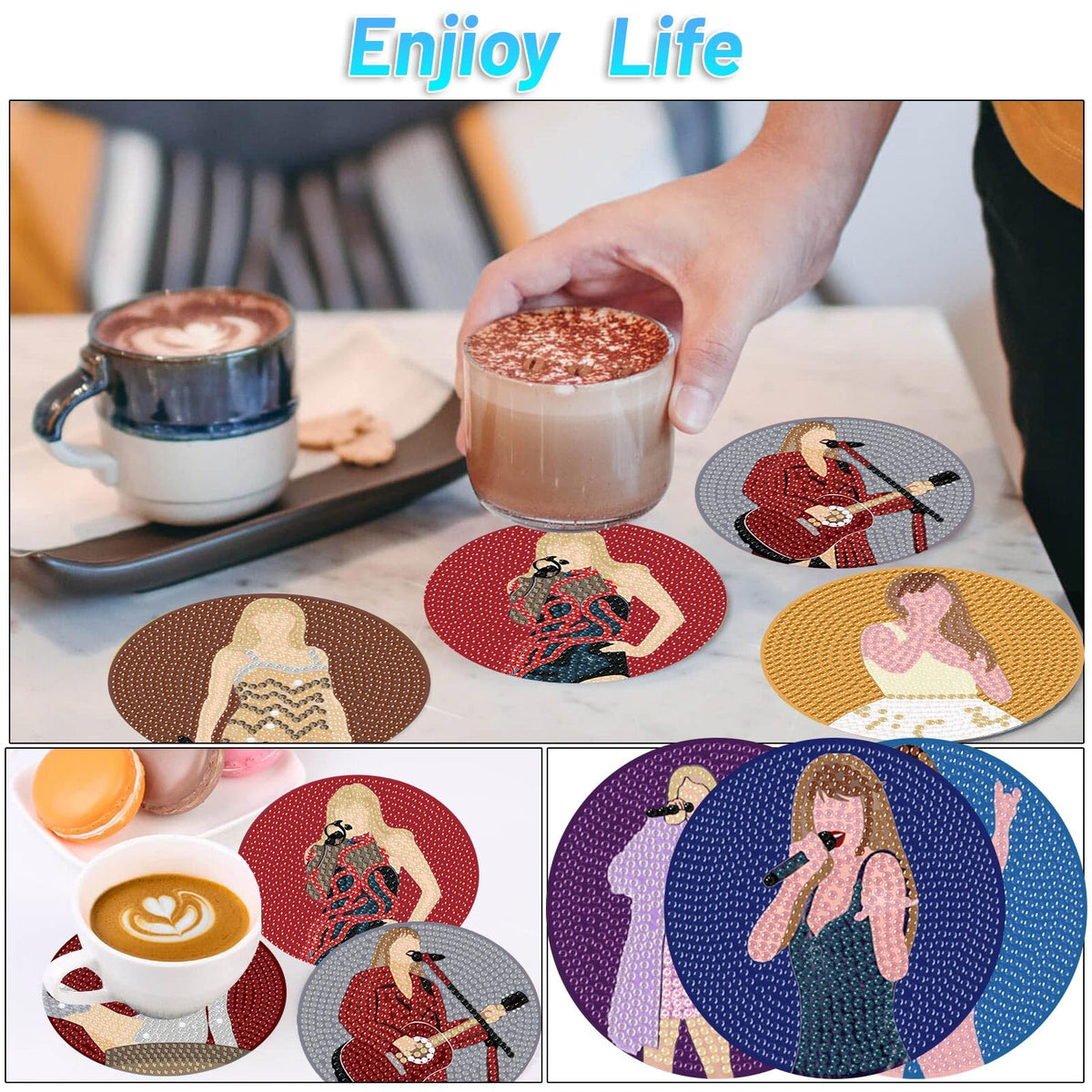 Clendo Pop Star Diamond Painting Coasters Kits for Adults, 8PCS Pop Diamond Art Coaster Kits with Holder, Small Diamond Painting Kits for Adults & Kids Art Craft Supplies, Bdwy041
