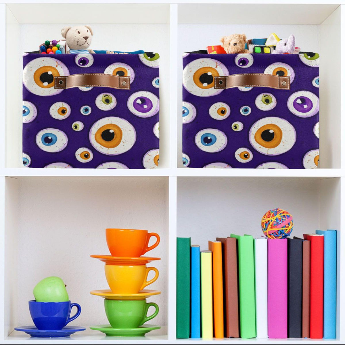 Wamika Halloween Eyes Storage Basket with Waterproof Liner and PU Handles Blue Spooky Ghost Storage Bins Boxes 14.2" Collapsible Decorative Organizer Baskets for Bedroom Closet Office 1 Pack