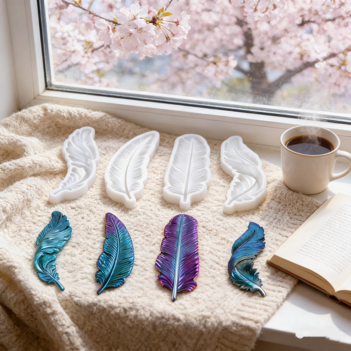 4-Piece 3D Feather Resin Molds Set, Decorative Wall Art Silicone Molds for Epoxy Casting, Home Decor Craft Making