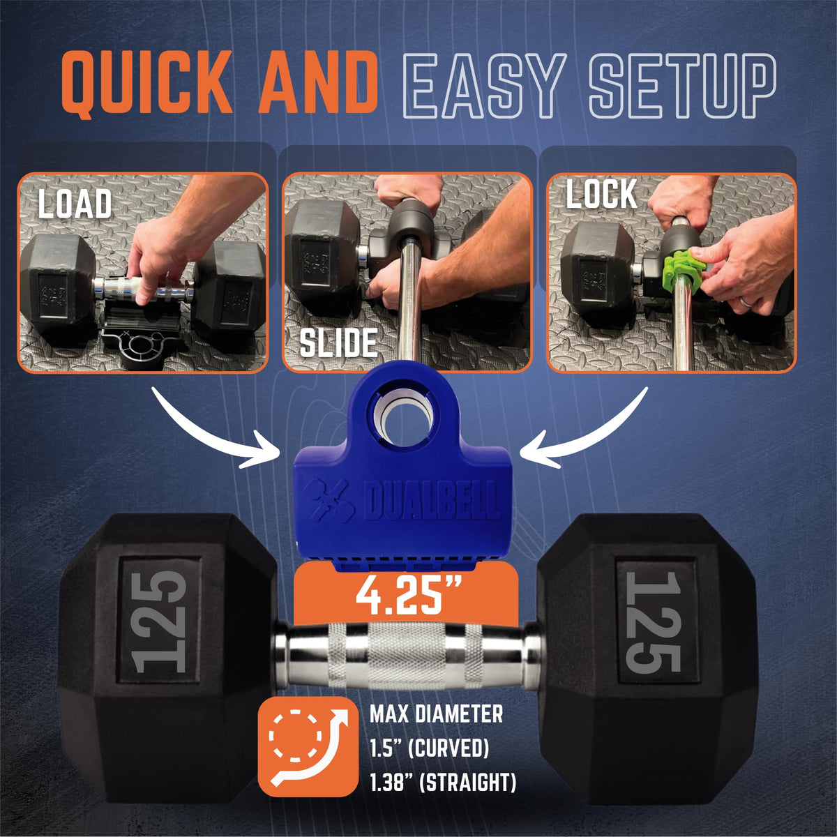 Dualbell Dumbbells to Barbell Converters- Quick Setup Dumbbell Connectors, 500lb Capacity Barbell Adapters, Secure Fit, Quick Setup, Fits 1" Bars, Home Gym Equipment, 2 Pairs w/Black Weight Collar