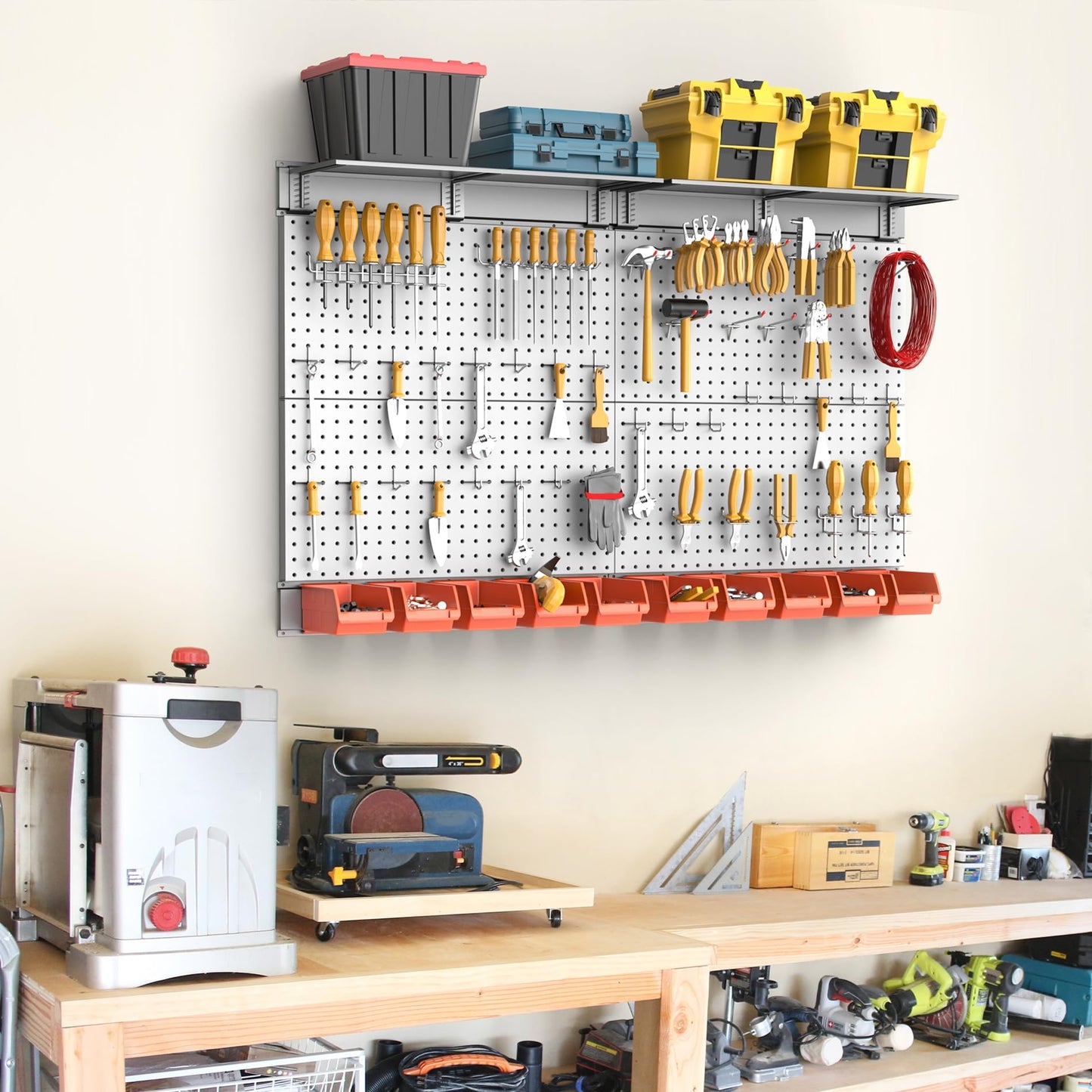 TORACK Metal Pegboard with Peg Board Hooks, Tools Storage Pegboard with Pegboard Hooks, Wall Mounted Storage Bins, Shelves, Tool Organizer Board with Pegs(Grey)