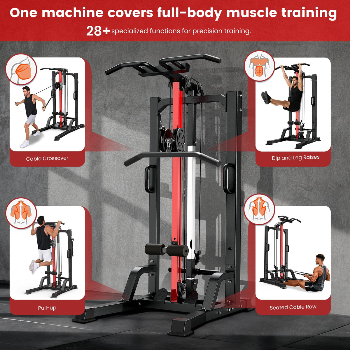 Pull Up Bar Power Tower Dip Station,Cable Machine-Integrated 450LBS Multi-Function Adjustable Height Fitness Strength Training Equipment for Home Gym Strength Training Equipment