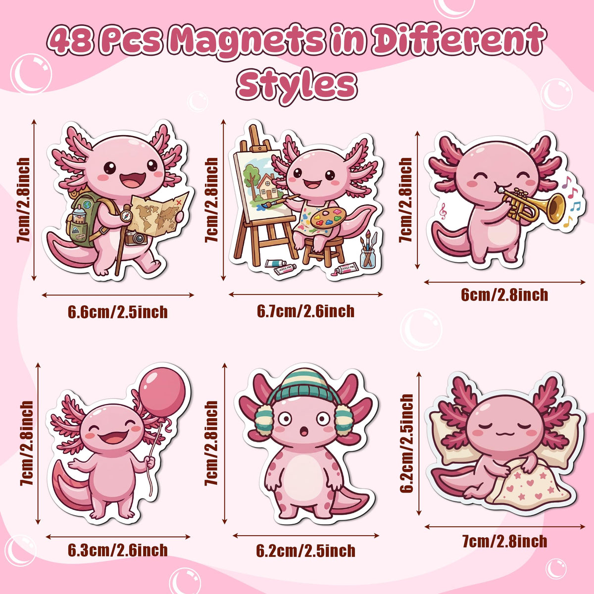 MALLMALL6 Axolotl Fridge Magnets, 48Pcs Cute Salamander Refrigerator Magnetic Sticker Summer Pink Decor Accessories with Ice Cream Guitar for Home Kitchen Office Locker Mailbox, Adorable Kawaii Gift