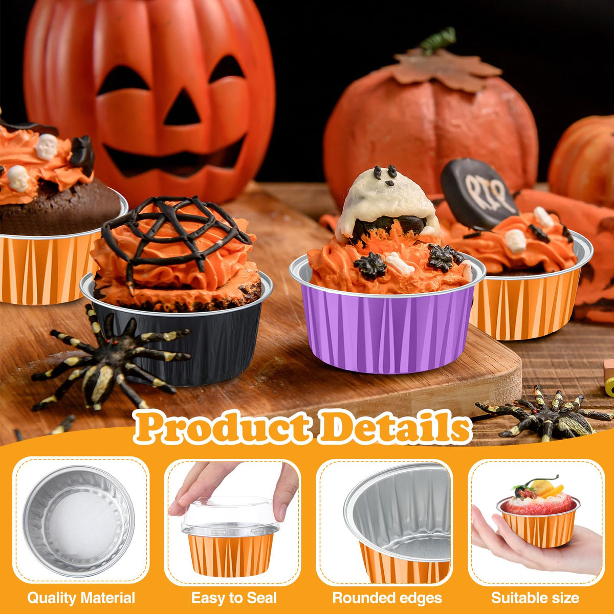 Gandeer 200 Pack Aluminum Foil Cupcake Liners with Lids, 5 oz Round Baking Cup, Disposable Ramekin Container for Graduation Wedding Independence Day Party(Purple, Orange, Black,Halloween)