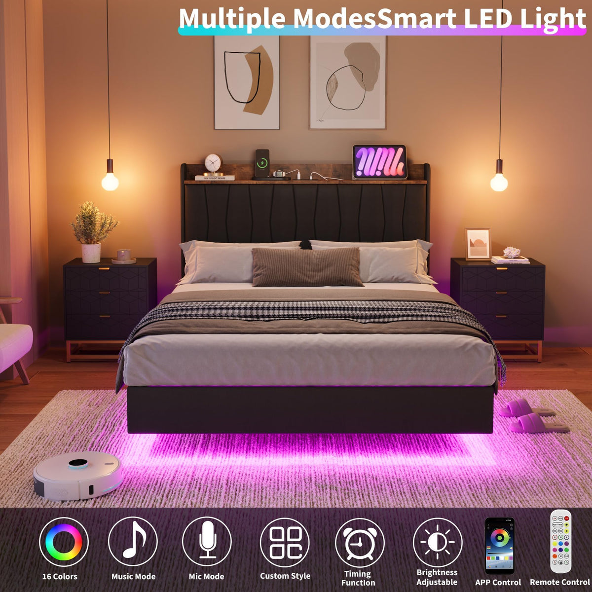 GAOMON Floating King Size Bed Frame with Upholstered Storage Headboard, Platform Bed Frame with LED Lights & Charging Station, Wood Slats Support, No Box Spring Needed, Black