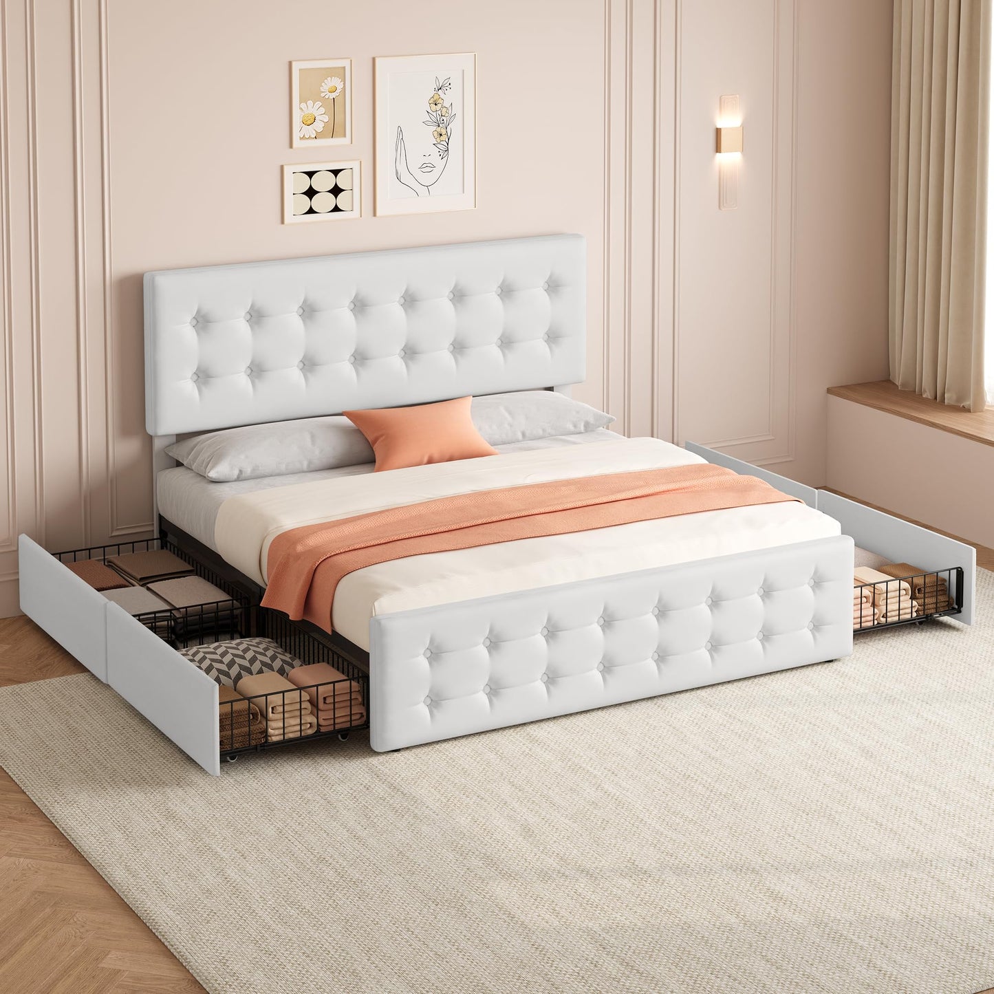 IDEALHOUSE King Size Bed Frame with 4 Storage Drawers and Headboard, Faux Leather Upholstered Platform Bed Frame with Wooden Slats Support, Button Tufted Design, No Box Spring Needed, White