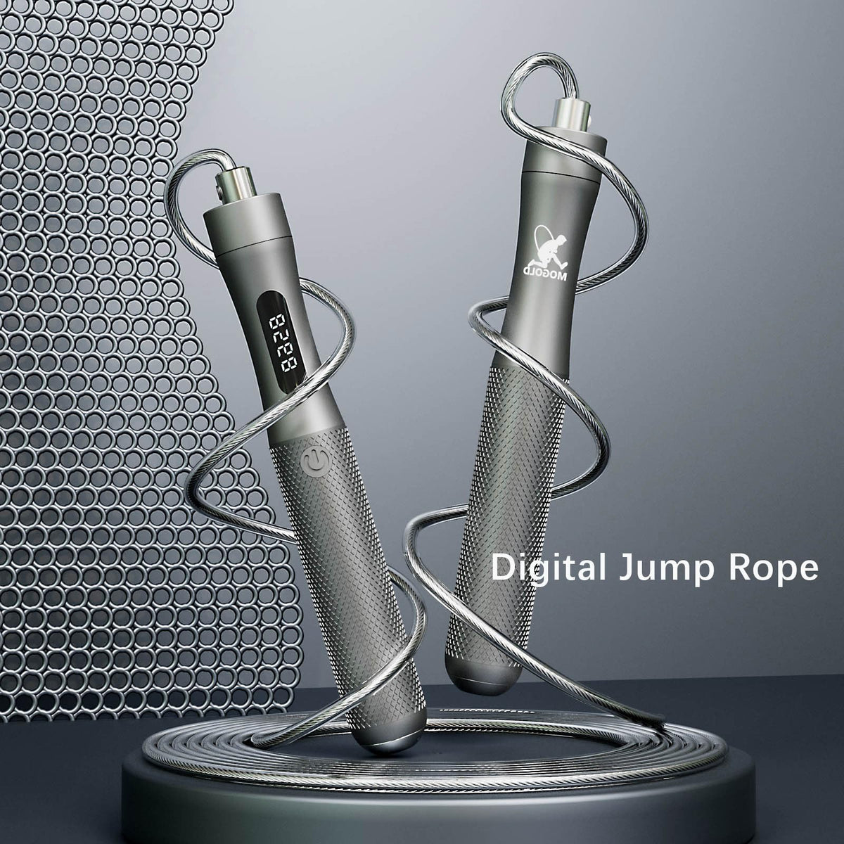 MOGOLD Counting Jump Rope, Gray Aluminum Alloy Handle with PVC Cable, 118 Inch Length, Fast Charging, Ergonomic Design, for Cardio Training (Silver)