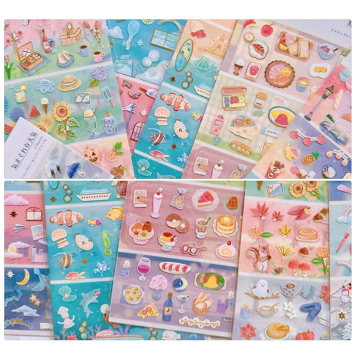 Beautiful Japanese Aesthetic Washi Stickers Set with Gold Foil 12 Sheets 6 Scenes and 6 Mini Stickers for Travel Food Ocean Seasonal and City Themes Perfect for Journals Scrapbooks and Planners