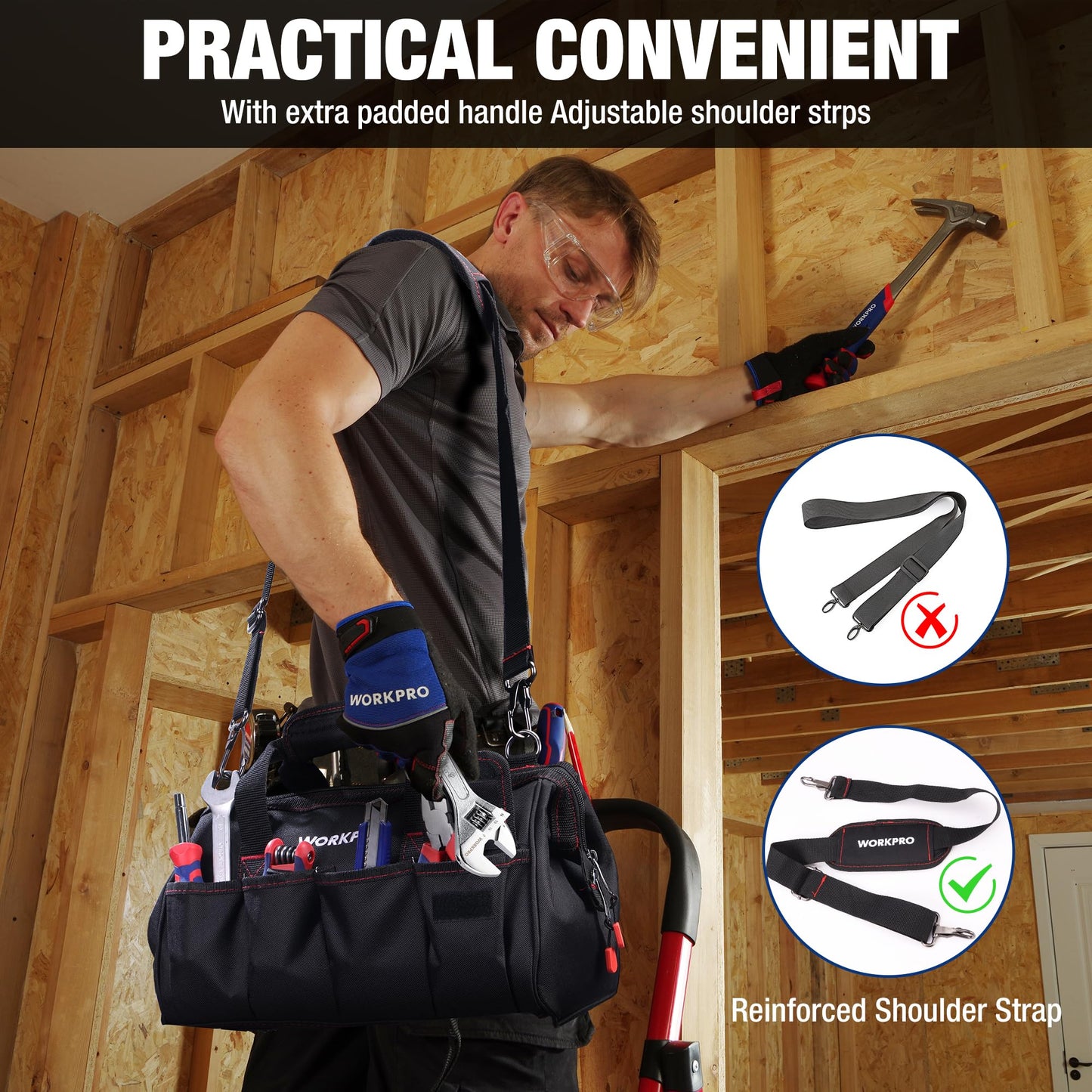 WORKPRO 14-inch Tool Bag, Multi-pocket Tool Organizer with Adjustable Shoulder Strap, W081021A , black