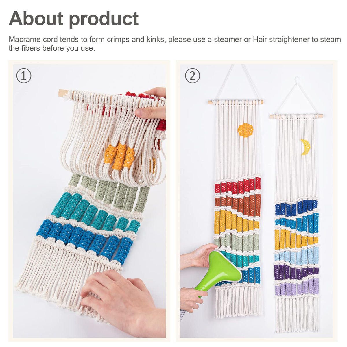 Boho Macrame Wall Hanging Decor Set, 2PCS Southwest Bohemian Handmade Woven Sun&Moon Mountain Geography Tapestry with Long Tassel, Gypsy Rainbow Ornament for Nursery Decoration Girl Christmas Gift
