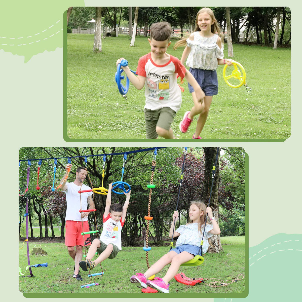 Craft Ninja Warrior Obstacle Course Accessories Kids Outdoor Play - 7pc Rings, 2pc Swing Trapeze Wheels & 2pc Monkey Bars