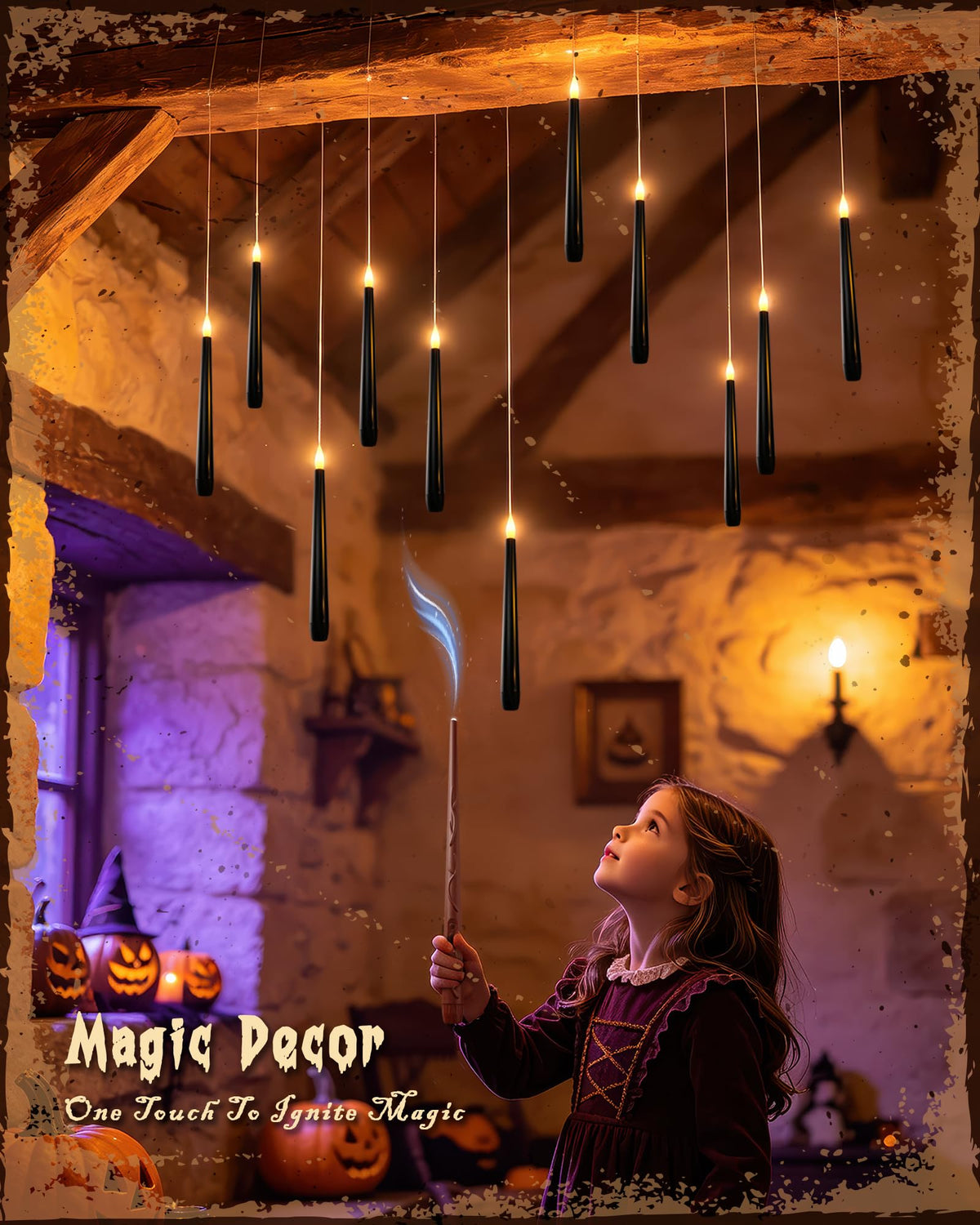 Meigic 20PCS Black Floating and Hanging Flameless Taper Candles with Wand Remote, Battery Operated Gothic Halloween Candles with Flickering Amber Glow for Haunted House, Witchy Dinner, Ceiling Decor