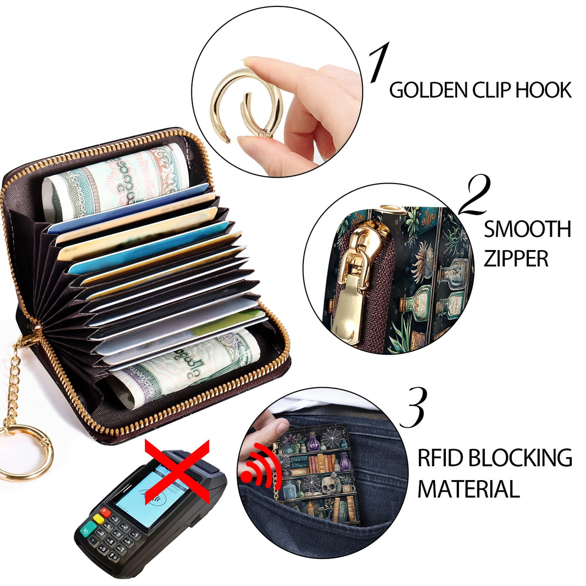Credit Card Holder Small Wallets Woman, Goth Gothic RFID Wallet Keychain Wristlet for Women Zipper Lanyard, Funny Skull Bookshelf PU Leather Accordion Card Case Organizer Purse Witchy Gifts Ladies