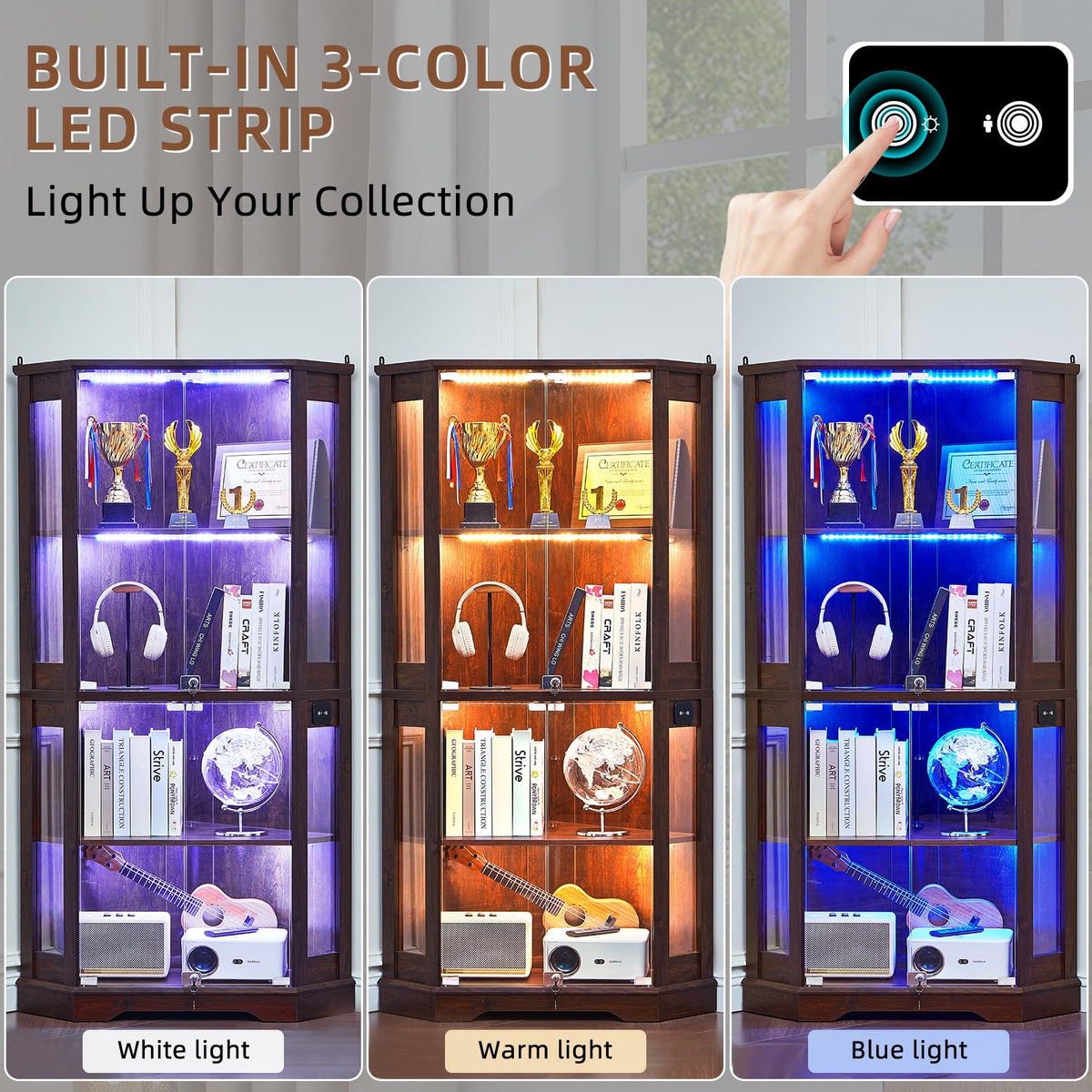 LELELINKY Farmhouse Glass Display Cabinet Set of 2 with Doors, Corner Curio Cabinet for Collectibles, Wooden Display Cabinets for Home, Office, Living Room, Corner, Walnut