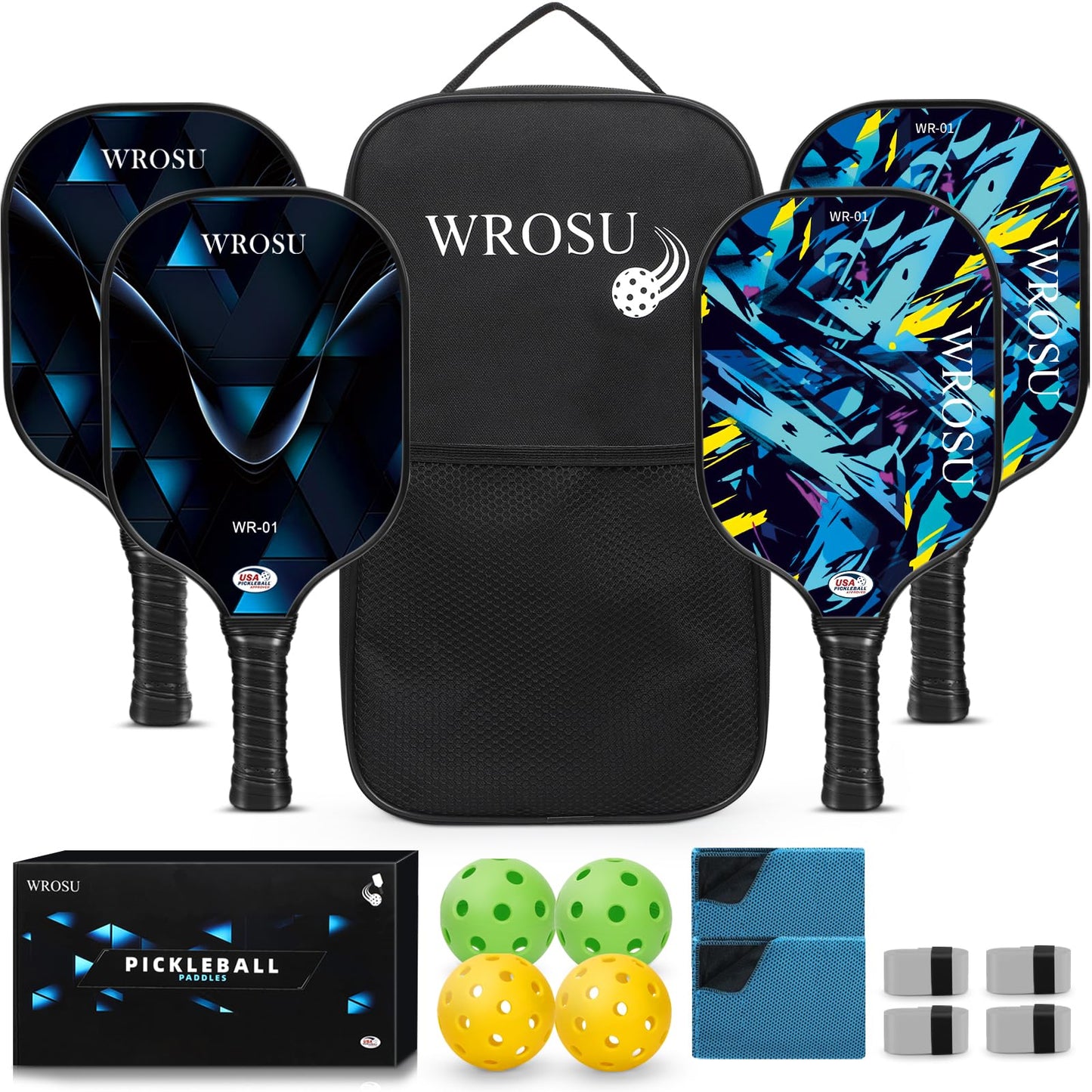 WROSU Pickleball Paddles Set of 4 Carbon Fiber | 2024 USAPA Approved Equipment W/Accessories | Core Carbon Fiber Pickleball Racquet | Have Traction and Stability | for Friends