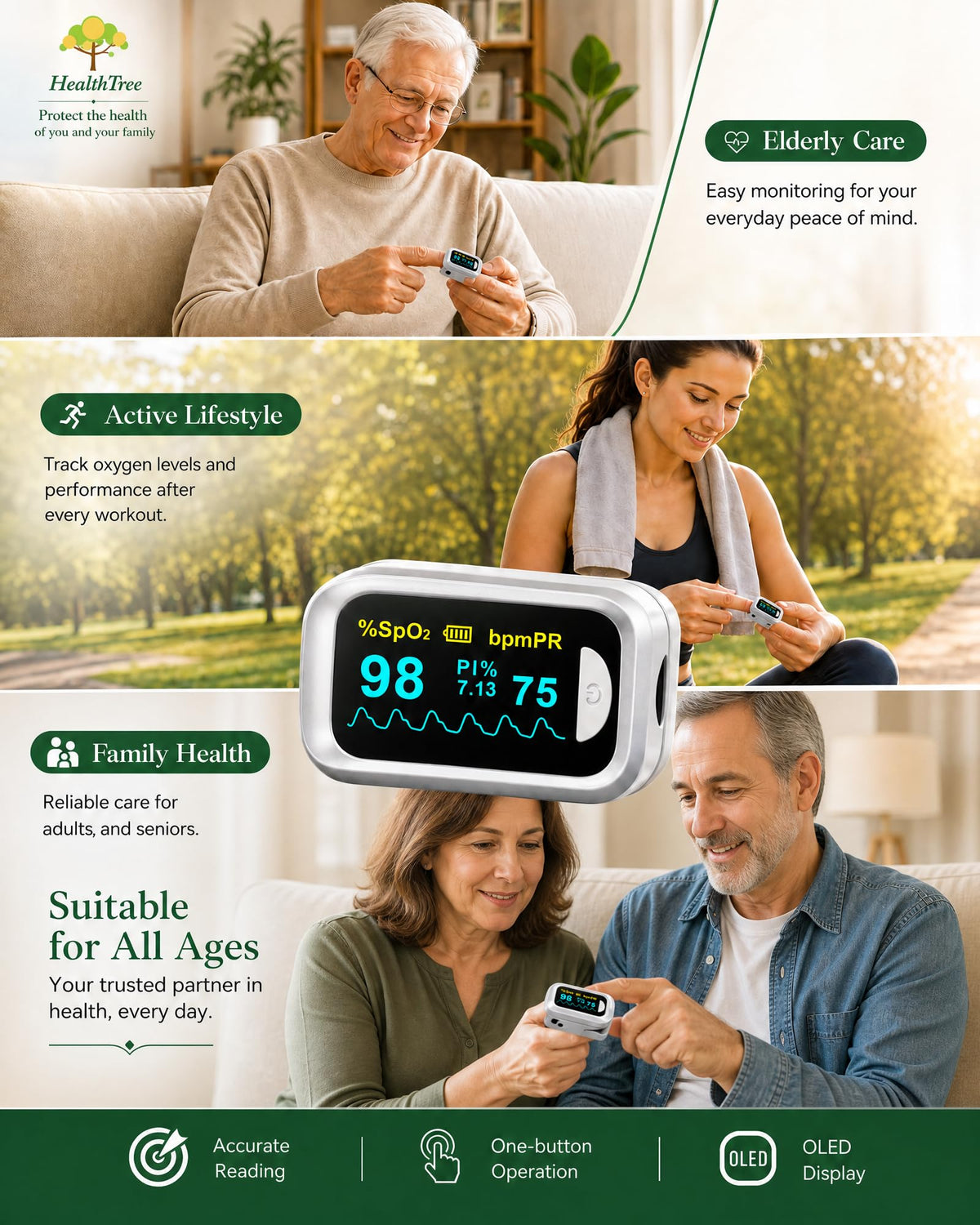 Healthtree JKS50B Pulse Oximeter Fingertip - Blood Oxygen monitor Fingertip with Perfusion Index, Fast 5-8s Reading, Large OLED Display, SpO2 & Heart Rate monitor for Home, Sports, Travel (Includes Batteries & Lanyard)