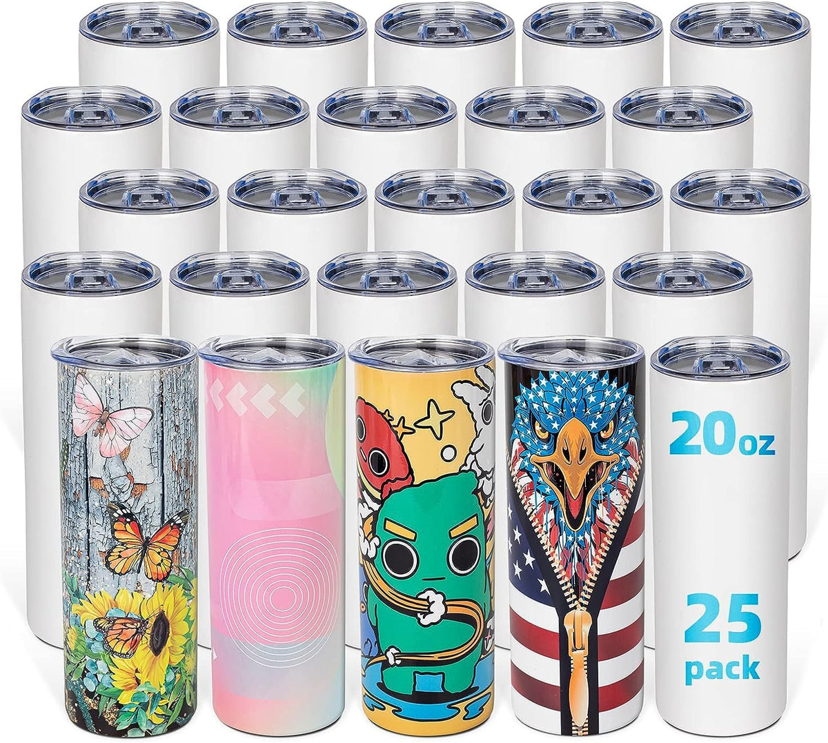 UIRZOTN 25 Pack 20oz Sublimation Tumbler Blanks Skinny Straight in Bulk, Stainless Steel Insulated Sublimation Tumbler with Polymer Coating for Heat Transfer, with Lid, Straw, Ribbon, Gift Box