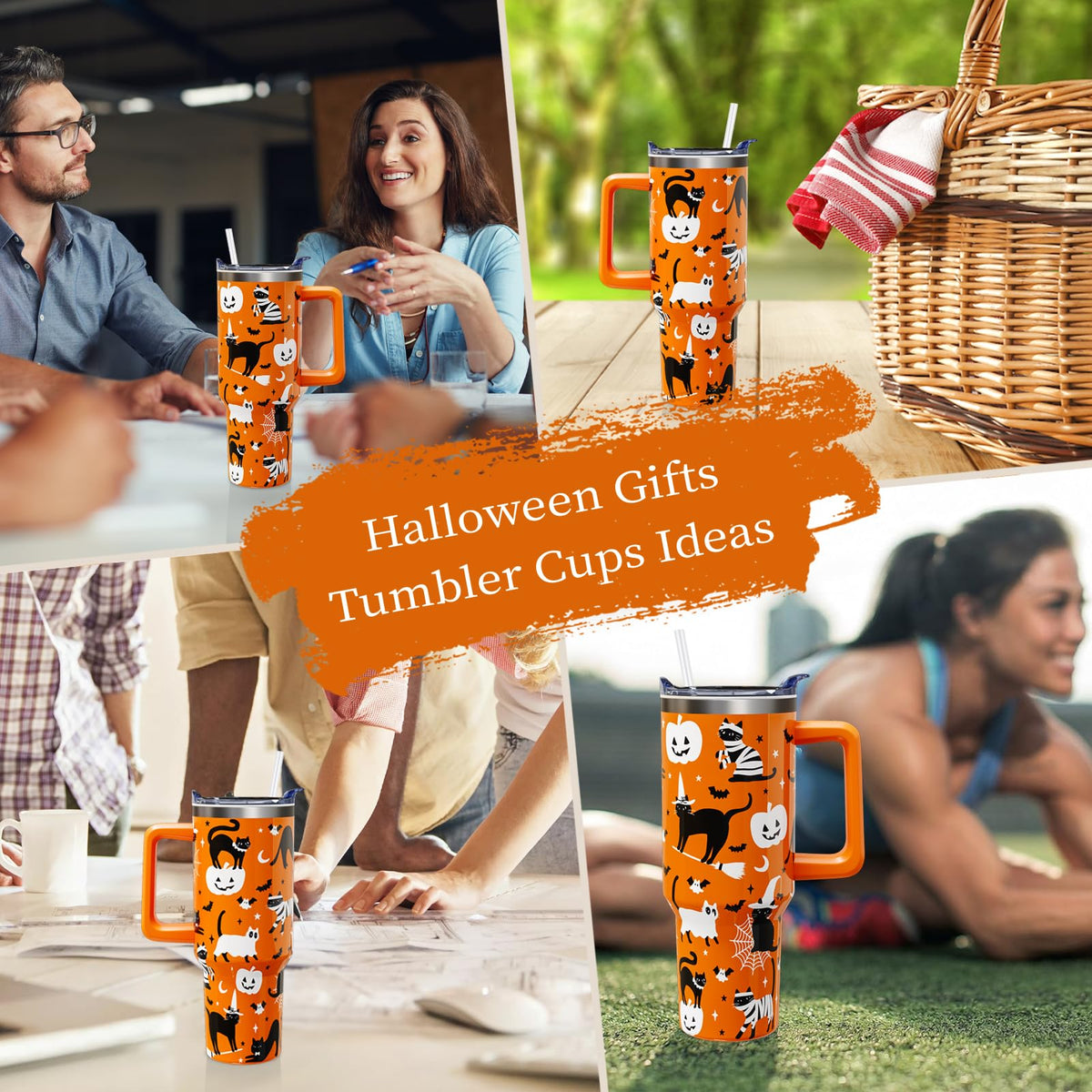 Aokoyi Halloween Cat 40 Oz Tumbler With Handle and Straw, Cute Black Cats Stainless Steel Insulated Cup Water Bottle, Spooky Holiday Gifts for Women Men (1PC)
