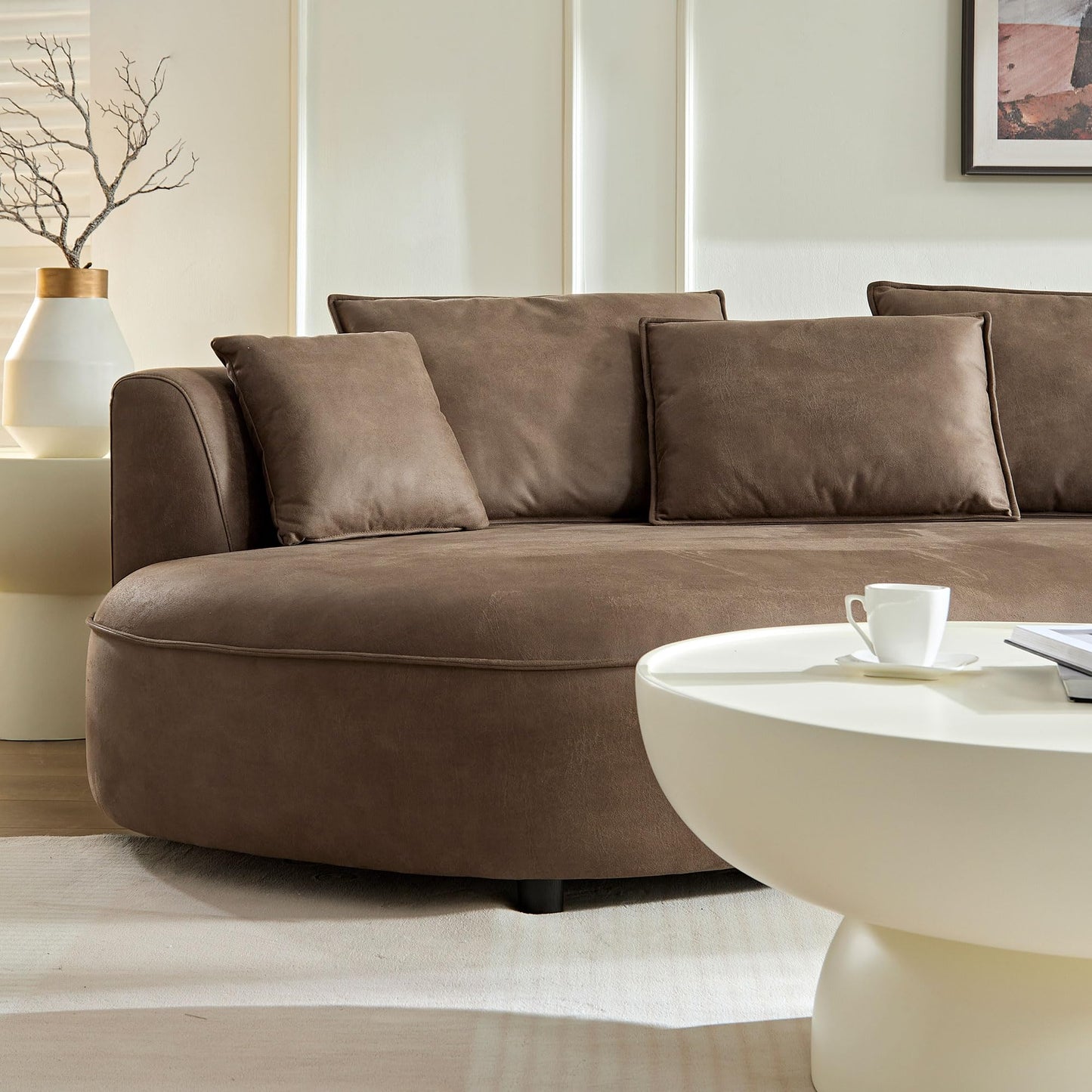 KEIKI 129" Curved Oversized Modular Leathaire Sectional Sofa with Right Chaise, 4 Pillows, 3 Back Cushion, Modern Style Comfy 5-Seater Couch, Easy Assembly, for Office, Apartment, Living Room, Brown