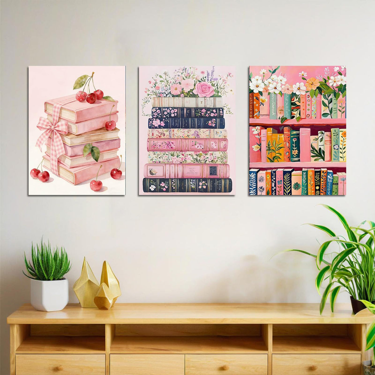 bleihum Pink Book Diamond Art Kits for Adults Beginners, 3 Pack 5D Diamond Painting Kits for Adults, Flowers Books DIY Round Full Drill Gem Art and Crafts Home Decor 12x16 Inch