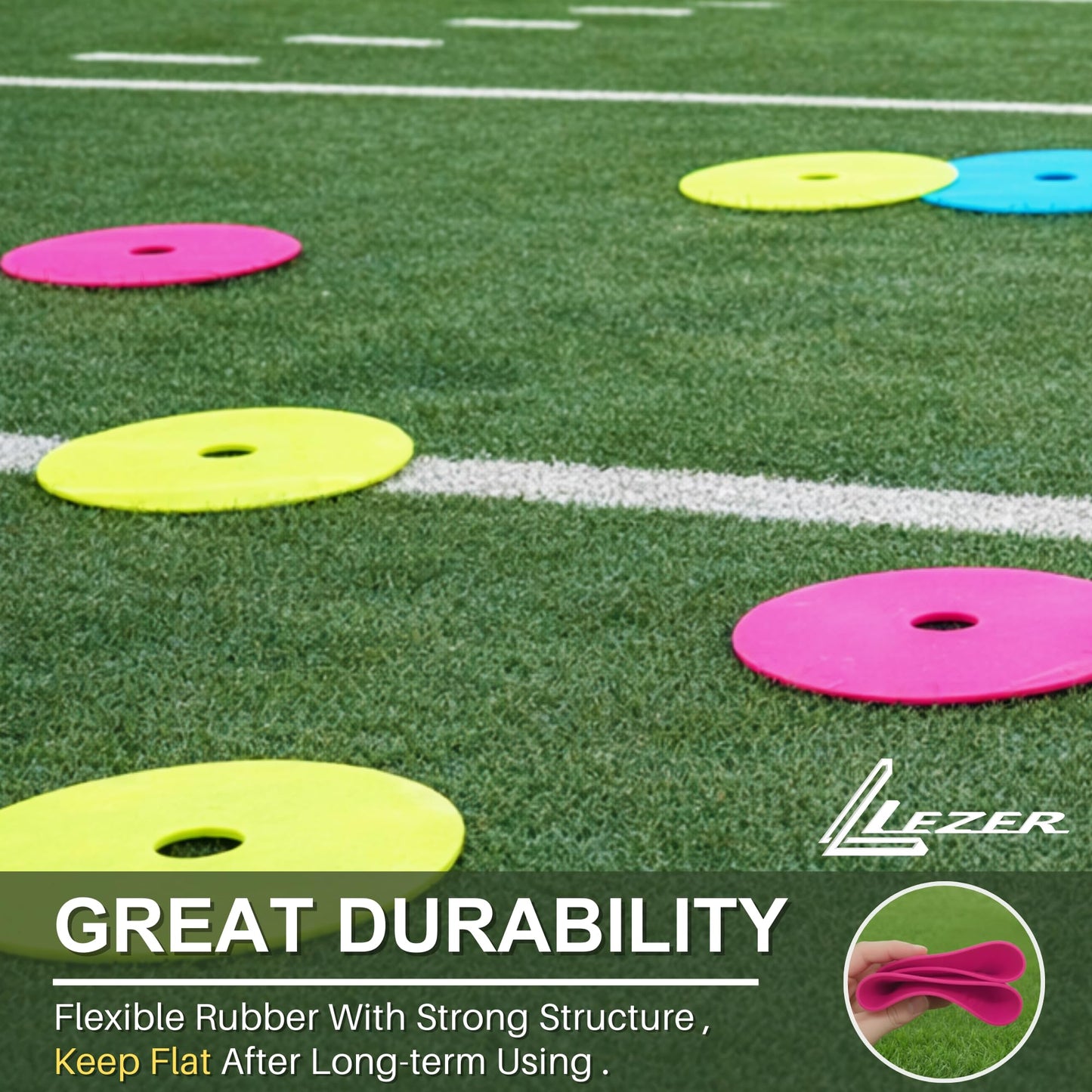 LEZER 6 Inch Flat Cones, Spot Markers, Soccer Cones, Field Court Markers, Sit Spots, Flat Discs, Soccer Training Equipment, Agility Practice, Football, Made in Taiwan, Set of 24