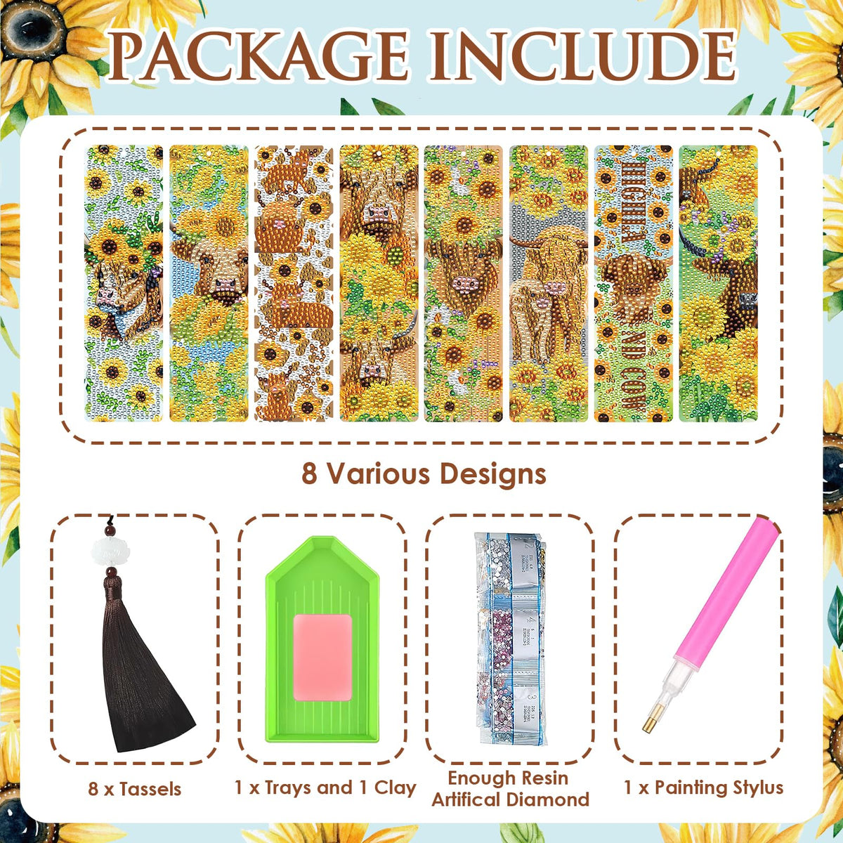 INCOK Diamond Painting Bookmarks Set - 8PCS Highland Cow 5D Diamond Art Bookmarks Kit with Tassel Sunflower Bookmarks Set for Highland Cow Lover Office Useful Project DIY Crafts Gifts Teacher