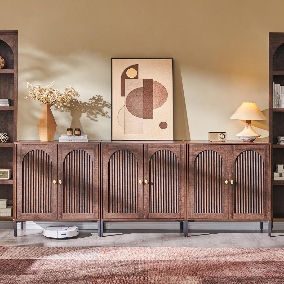 IFGET Modern Buffet Cabinet with Storage, 92.63" W Fluted Arched Sideboard Cabinet w/Adjustable Shelves, Wooden Modular Coffee Bar for Dining Room, Kitchen, Living Room, Entryway, Brown