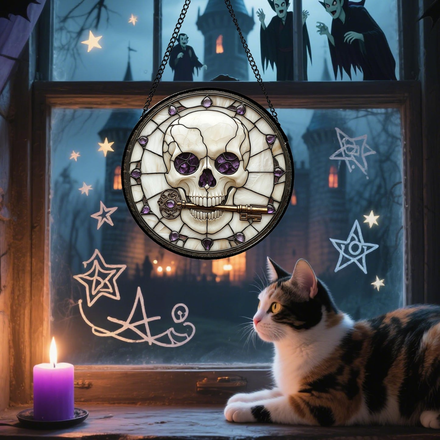 CRISGIF Stained Glass Window Hanging - Halloween Scary Skull Suncatcher for Doors Garden Home Spooky Purple Skeleton Key Sun Catchers Gothic Decor Horror Gifts for Women Men Friend Boy Girl 7.8 in