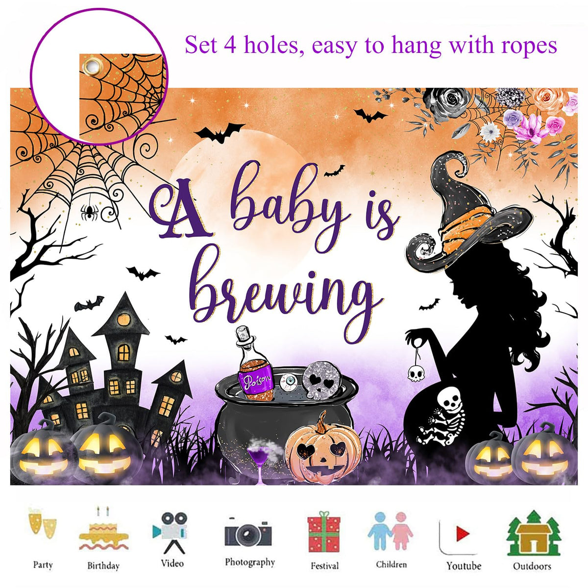 Withu A Baby is Brewing Backdrop Halloween Baby Shower Pregnant Witch Pumpkin Cobweb Haunted House Castle Gender Reveal Baby Boy Girl Newborn Party Decoration Banner Background 6x4ft