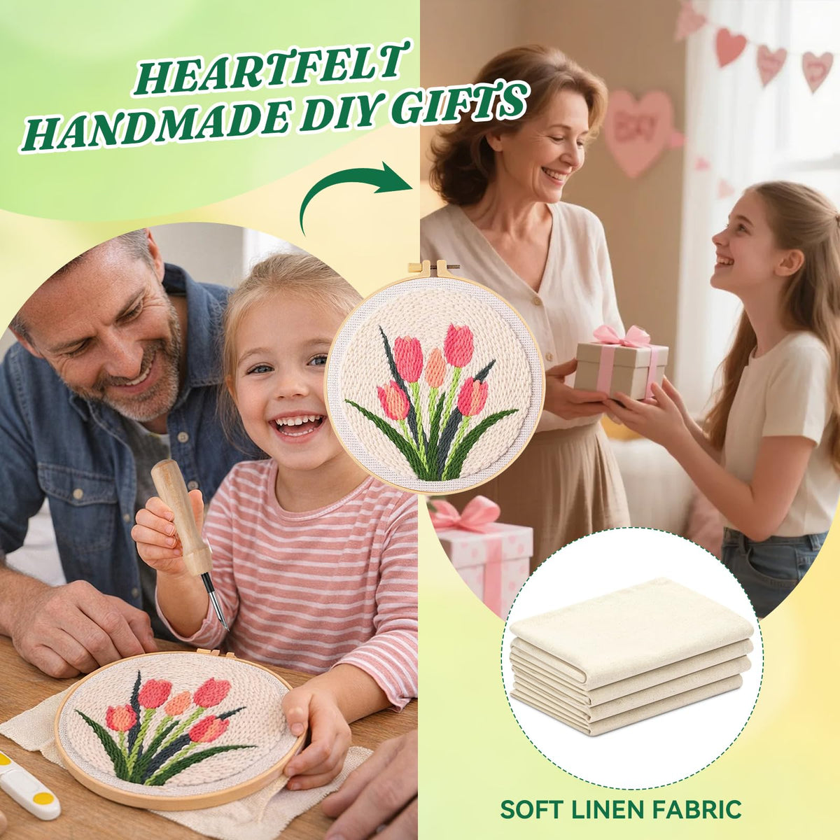 Aemygo Punch Needle Kit Adults Beginners, 3 Pcs DIY Easy Flower Embroidery Set for Starter Art Craft, Needling Punching Project with Patterns, Tools, Yarns, Hoop, Instruction