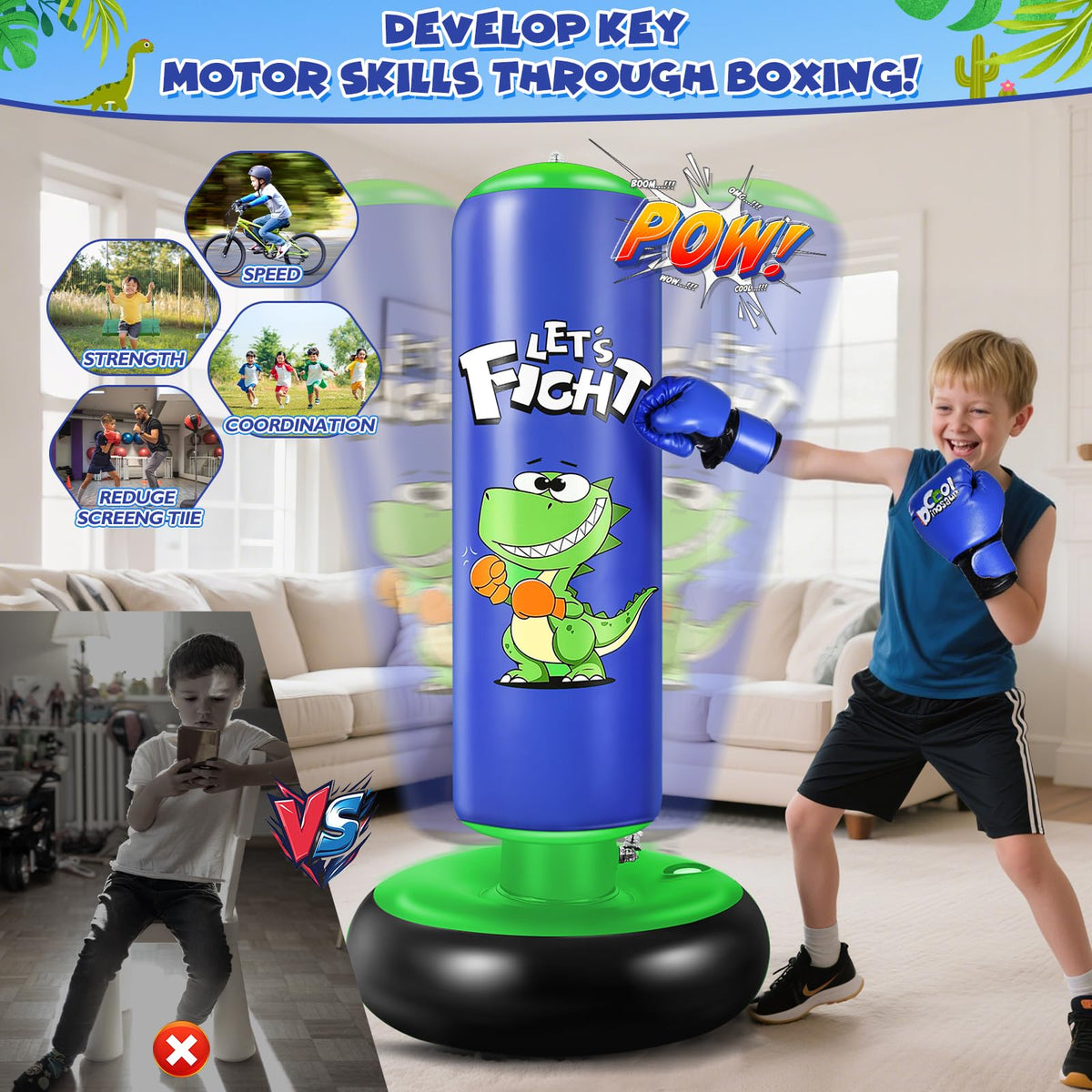 Inflatable Punching Bag, 48" Inflatable Boxing Bag for Kids with Boxing Gloves for 3-8 Kids, Stable Boxing Set for Practicing Karate, Taekwondo,Dinosaur Toy & Gifts for Boys (Blue)