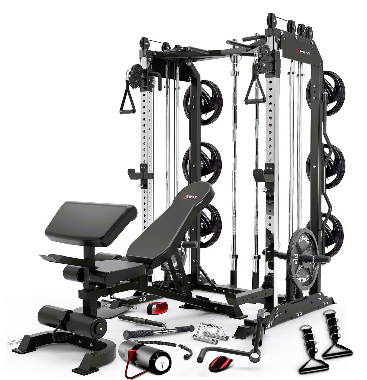 MiM USA Pro Master, All in One Home Gym, Smith Machine & Functional Trainer, 2000LB Capacity, W/ Adjustable Bench, Arm Curl & Complete Attachment