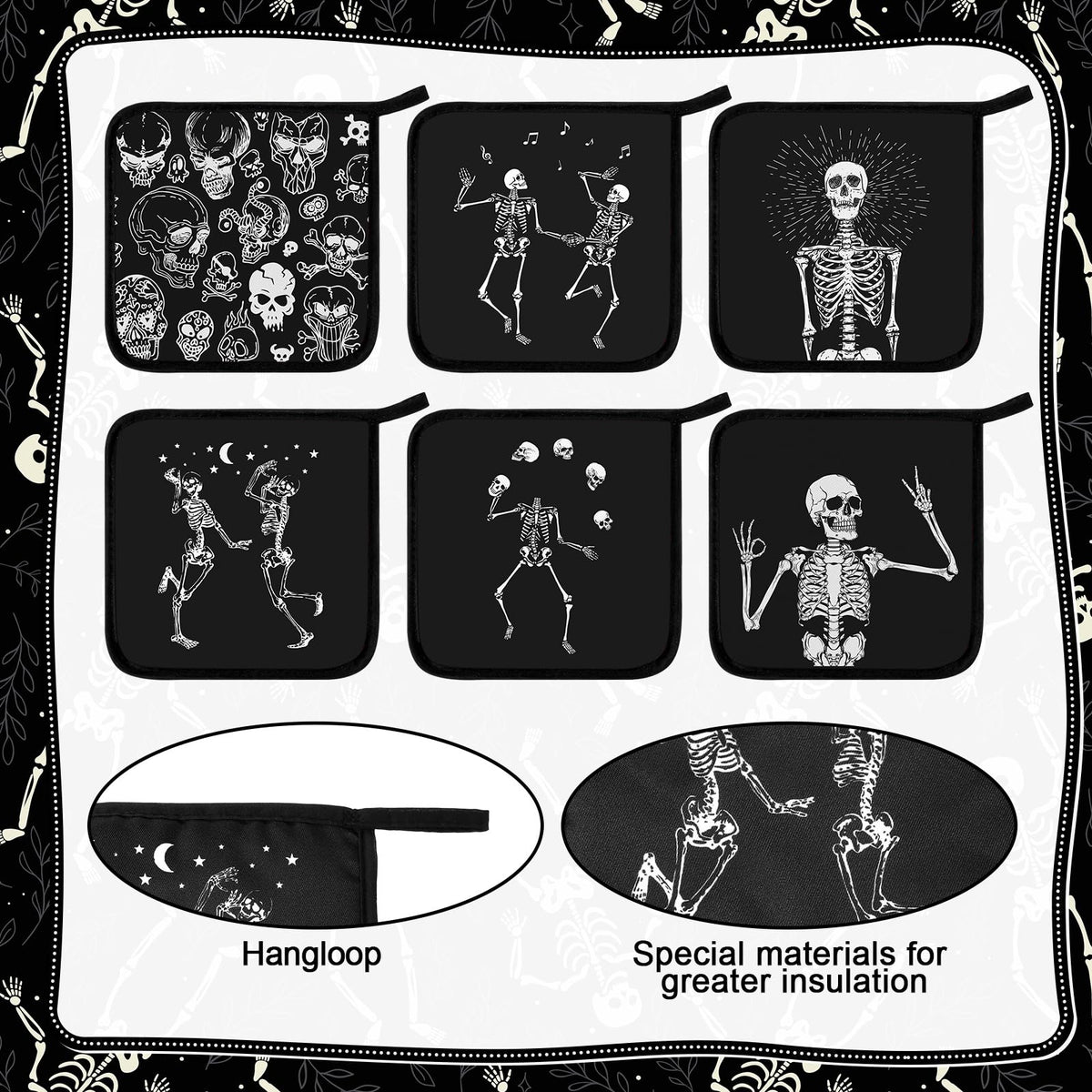 Bencailor 12 Pcs Pot Holders with Pocket Kitchen Hot Potholders Hot Pad Oven Mitts Cookie Bag Oven Gloves for Kitchen Gift Baking Cooking (Black,Skull 2)