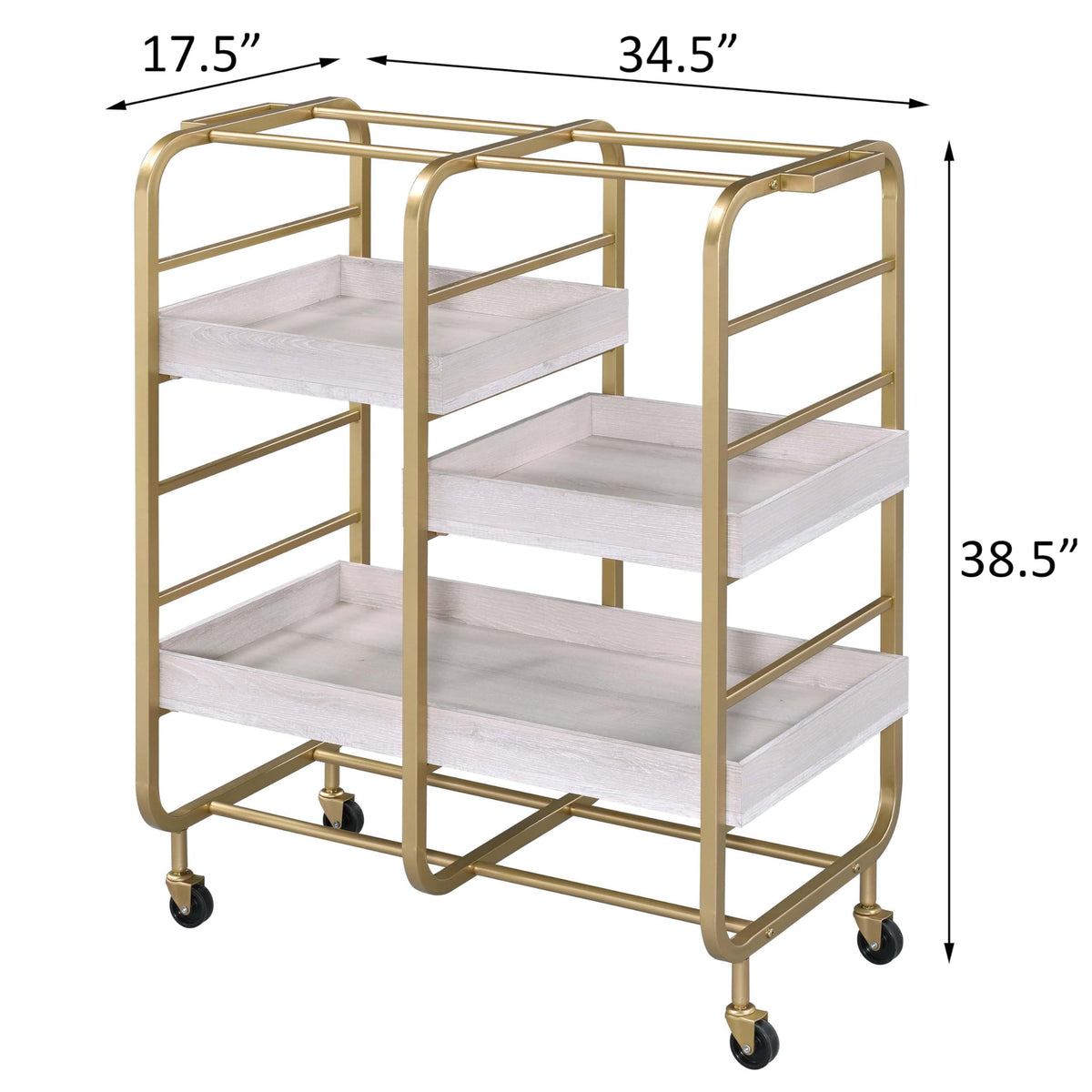 Qwtrvlizi Gold and White Washed Serving Cart with 3 Adjustable Trays