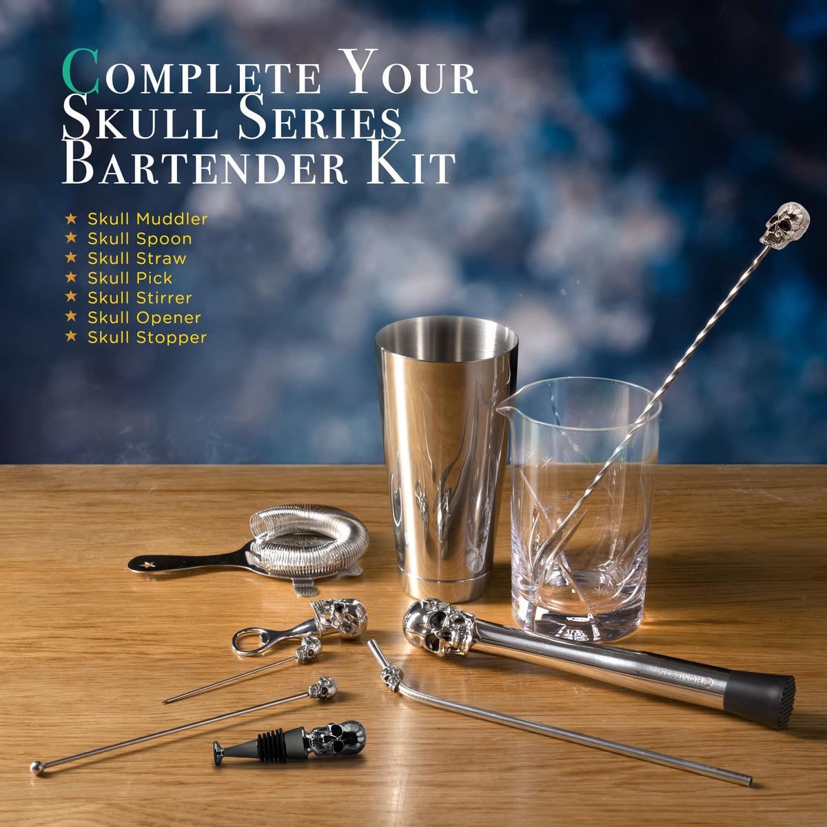 Homestia Black Skull Cocktail Muddler Set, Stainless Steel Bartender Tool Kit with Skull Muddler, Bar Spoon & Pick, Halloween Gothic Barware Gift Box & Cocktail Guide Set of 4